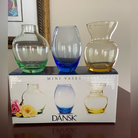 DANSK Set of 3 Mini Glass Vases - 1 Blue, 1 Green & 1 Yellow - 3" Tall - Picture 1 of 8